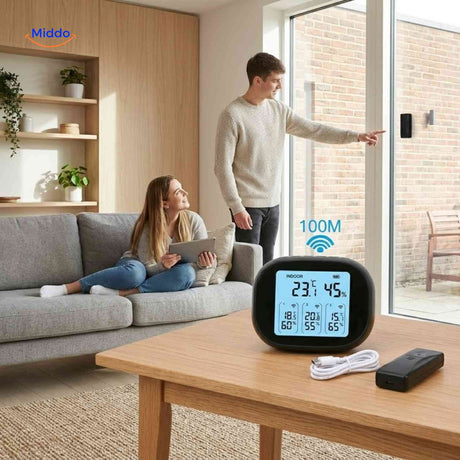 ThermoSense Meter binnenklimaat meter met draadloze sensor in woonkamer www.middo.nl