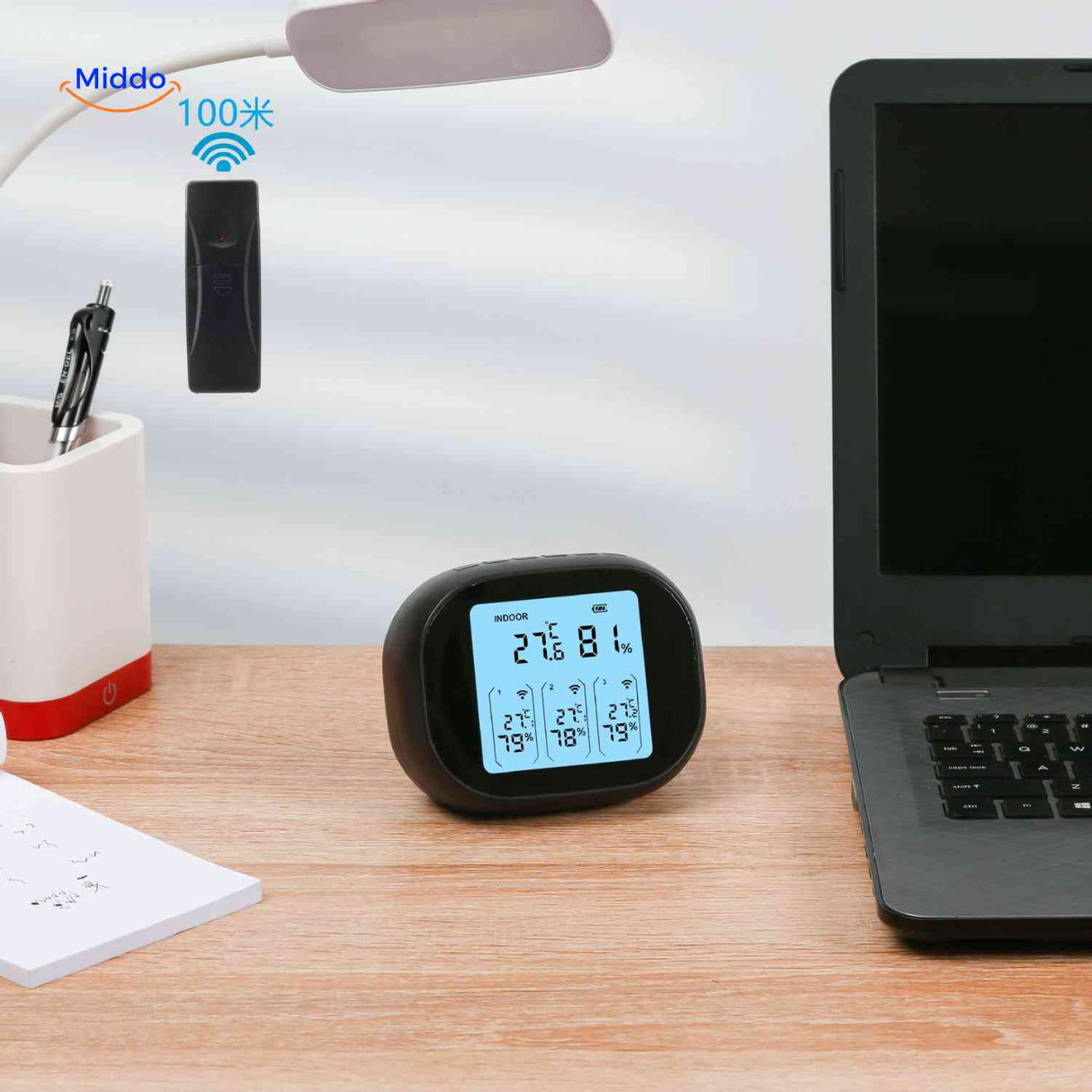 ThermoSense Meter bureau thermometer hygrometer met draadloze sensor www.middo.nl