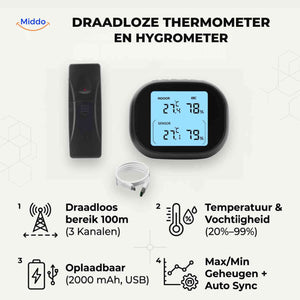 ThermoSense Meter draadloze thermometer hygrometer set met display en sensor www.middo.nl