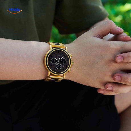 Timbero Houten Horloge gouden houten chronograaf horloge lifestyle www.middo.nl