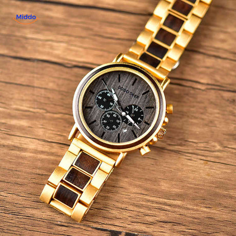 Timbero Houten Horloge gouden houten chronograaf horloge op hout www.middo.nl