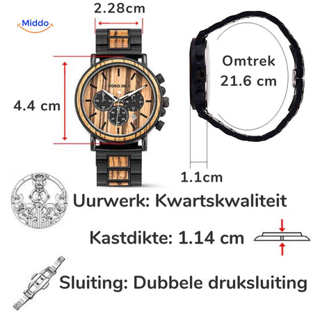 Timbero Houten Horloge houten chronograaf horloge afmetingen en specificaties www.middo.nl