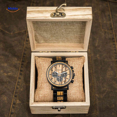 Timbero Houten Horloge houten chronograaf horloge cadeauset open doos www.middo.nl