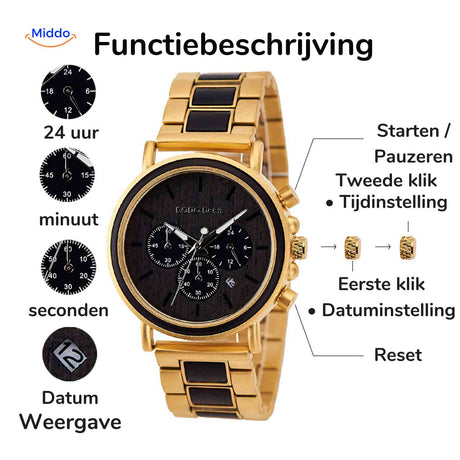 Timbero Houten Horloge houten chronograaf horloge functiebeschrijving en bediening www.middo.nl