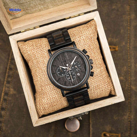 Timbero Houten Horloge houten chronograaf horloge in houten cadeaudoos www.middo.nl