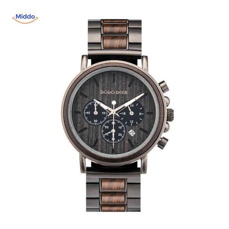 Timbero Houten Horloge houten chronograaf horloge met donkere houtlook www.middo.nl