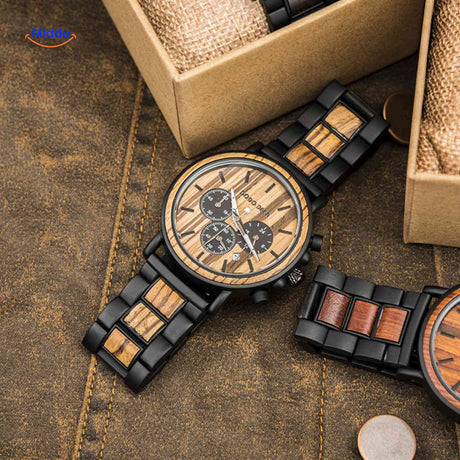 Timbero Houten Horloge houten chronograaf horloge met lichte houtnerf www.middo.nl