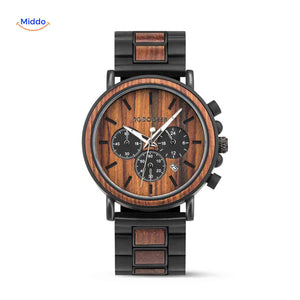 Timbero Houten Horloge houten chronograaf horloge met lichte wijzerplaat www.middo.nl