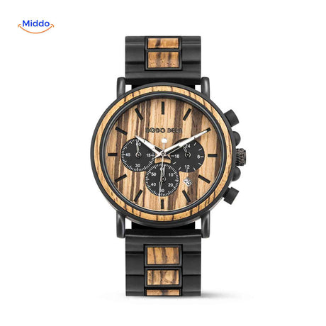 Timbero Houten Horloge houten chronograaf horloge met natuurlijke houtnerf www.middo.nl