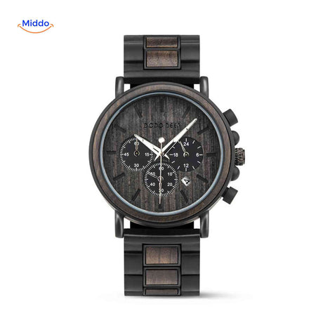 Timbero Houten Horloge houten chronograaf horloge met structuur wijzerplaat www.middo.nl