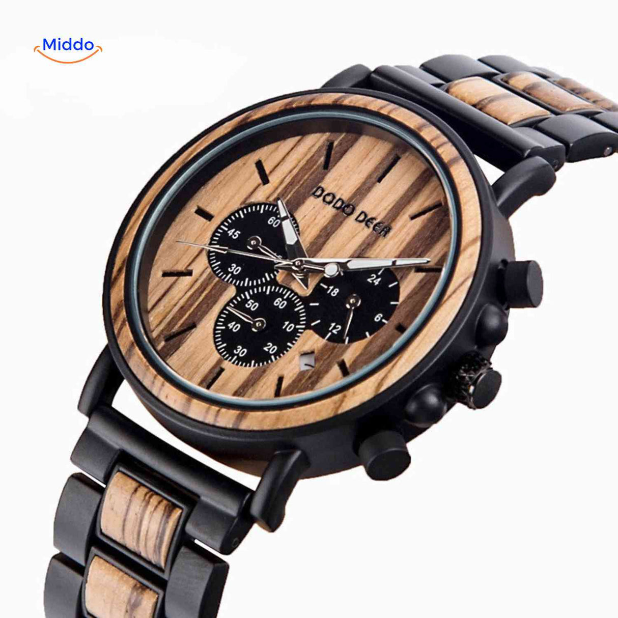 Timbero Houten Horloge houten chronograaf horloge met zwart stalen kast www.middo.nl