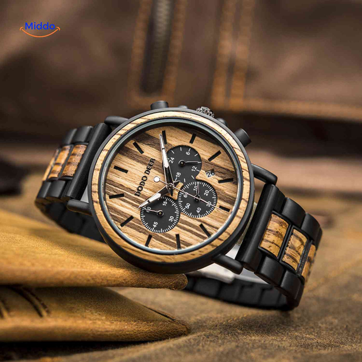 Timbero Houten Horloge houten chronograaf horloge plat liggend productfoto www.middo.nl