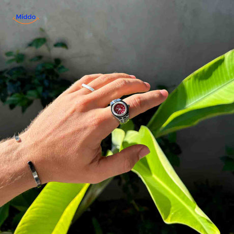 Timevera Ringhorloge zilver rood heren hand trendy www.middo.nl