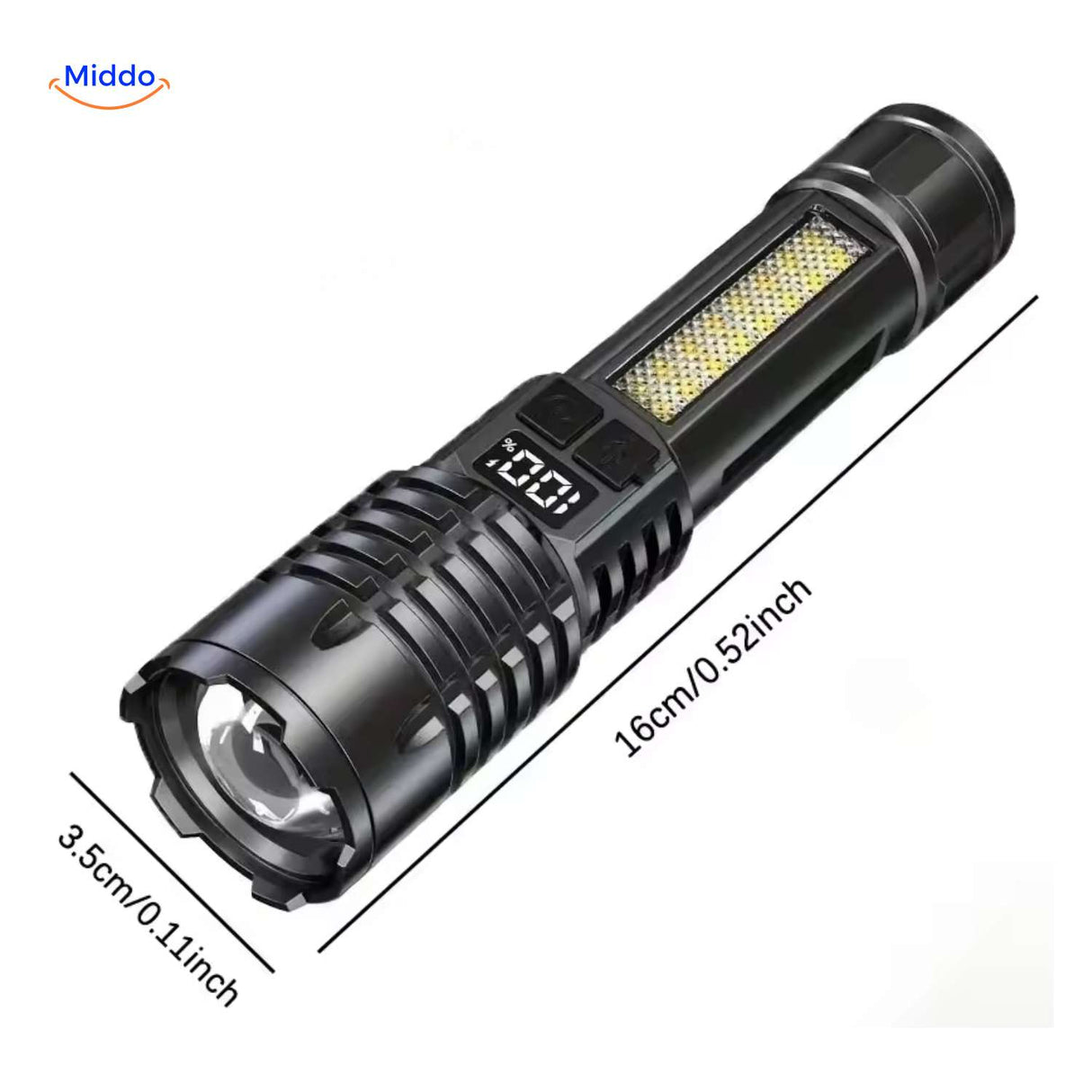 Torchlite Zaklamp compacte ledlamp met display en afmetingen www.middo.nl