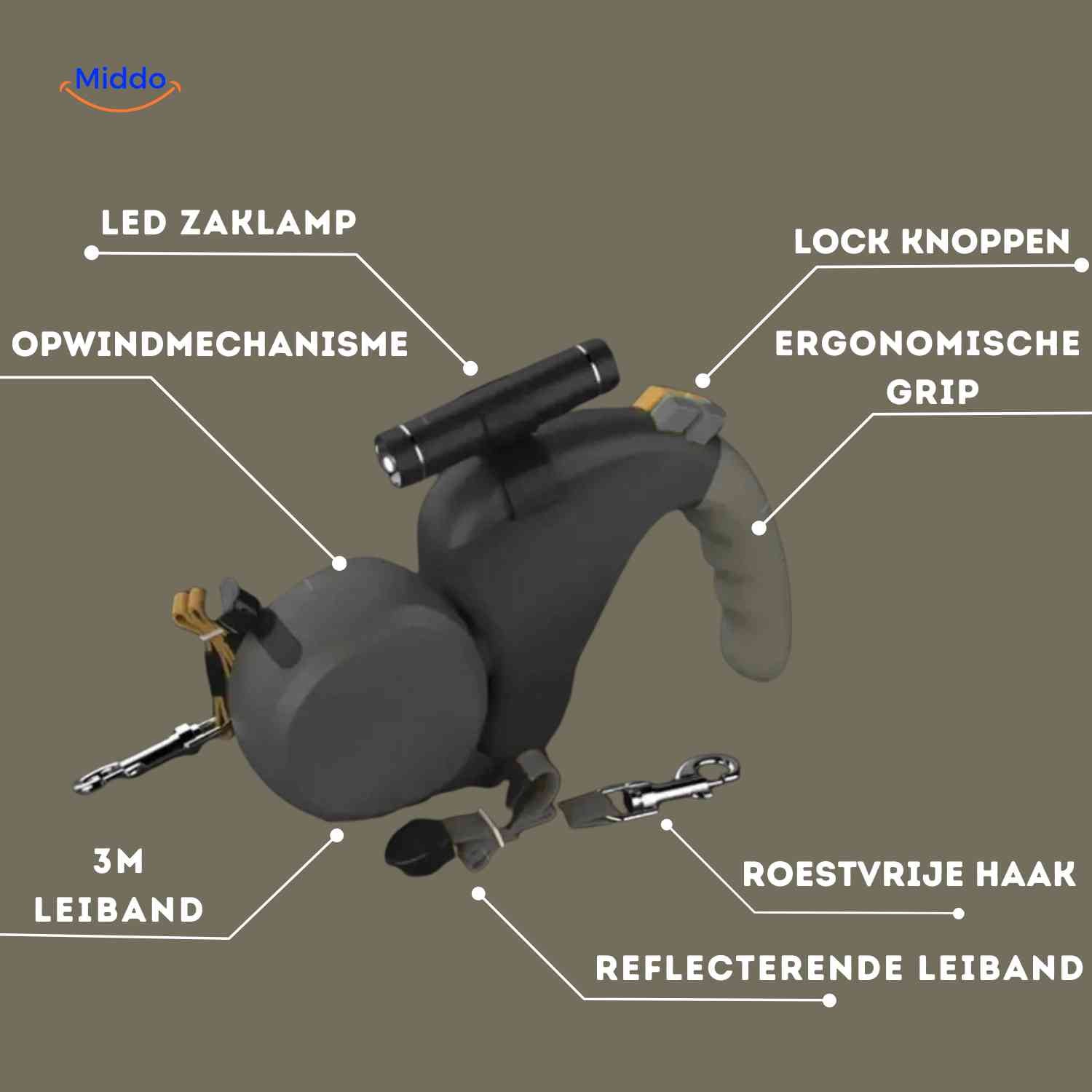 TweeTrek Hondenriem kenmerken led zaklamp ergonomisch www.middo.nl