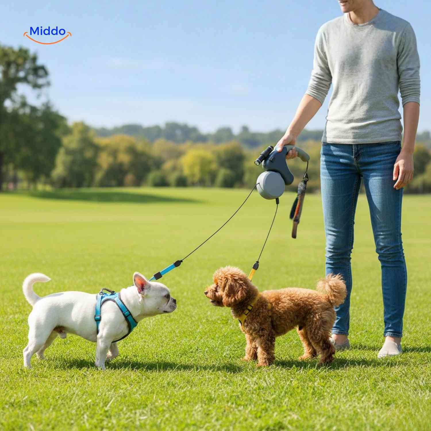 TweeTrek Hondenriem twee honden uitlaten in park www.middo.nl