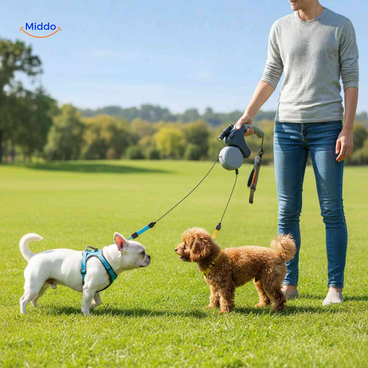TweeTrek Hondenriem twee honden uitlaten in park www.middo.nl