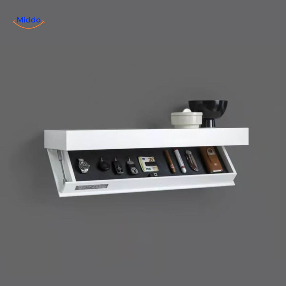 Vinaluxe Shelf wit met plaats voor kantooraccessoires www.middo.nl