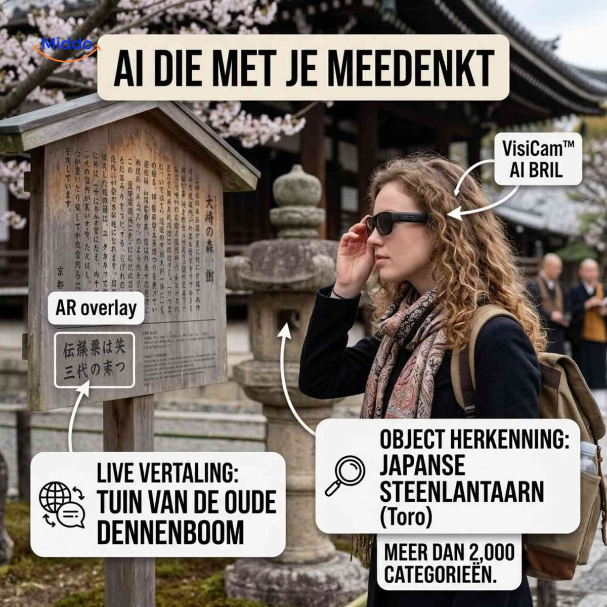 VisiCam AI Bril live vertalen objectherkenning ai reizen www.middo.nl