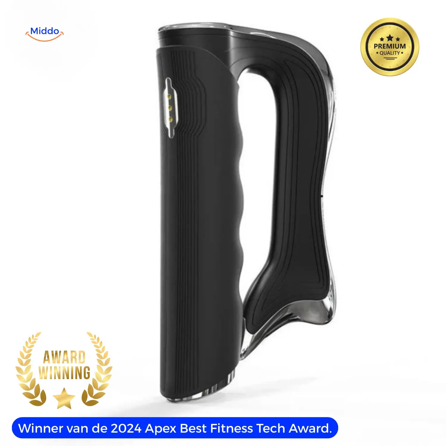 Winner van de 2024 apex best fitness tech award massage apparaat in het zwart van www.middo.nl