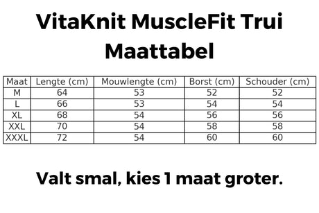 Maattabel voor Vitaknit MuscleFit Trui, alle gangbare maten beschikbaar