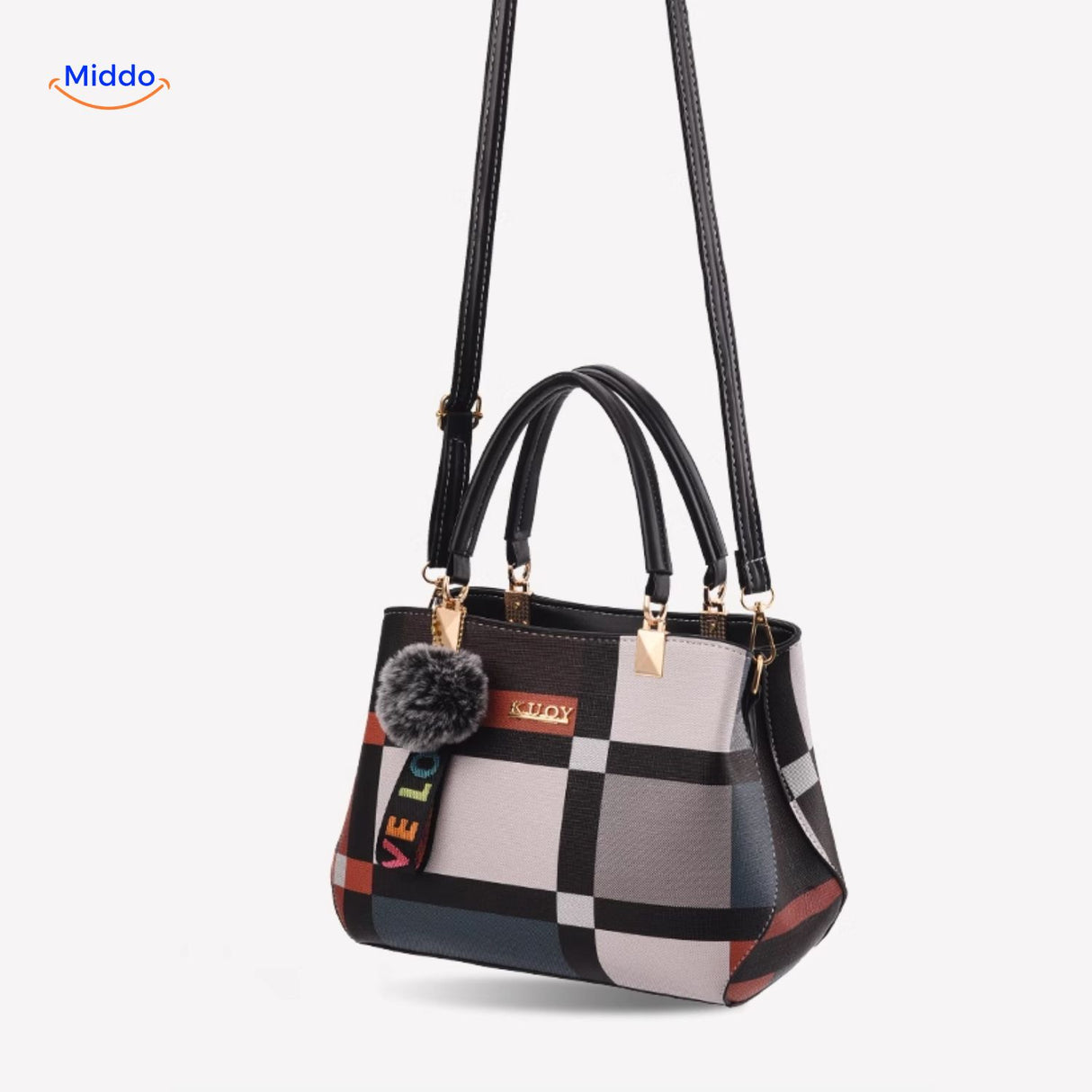 VivaLuxe Tote trendy schoudertas met symmetrisch patroon en stijlvolle pompon www.middo.nl