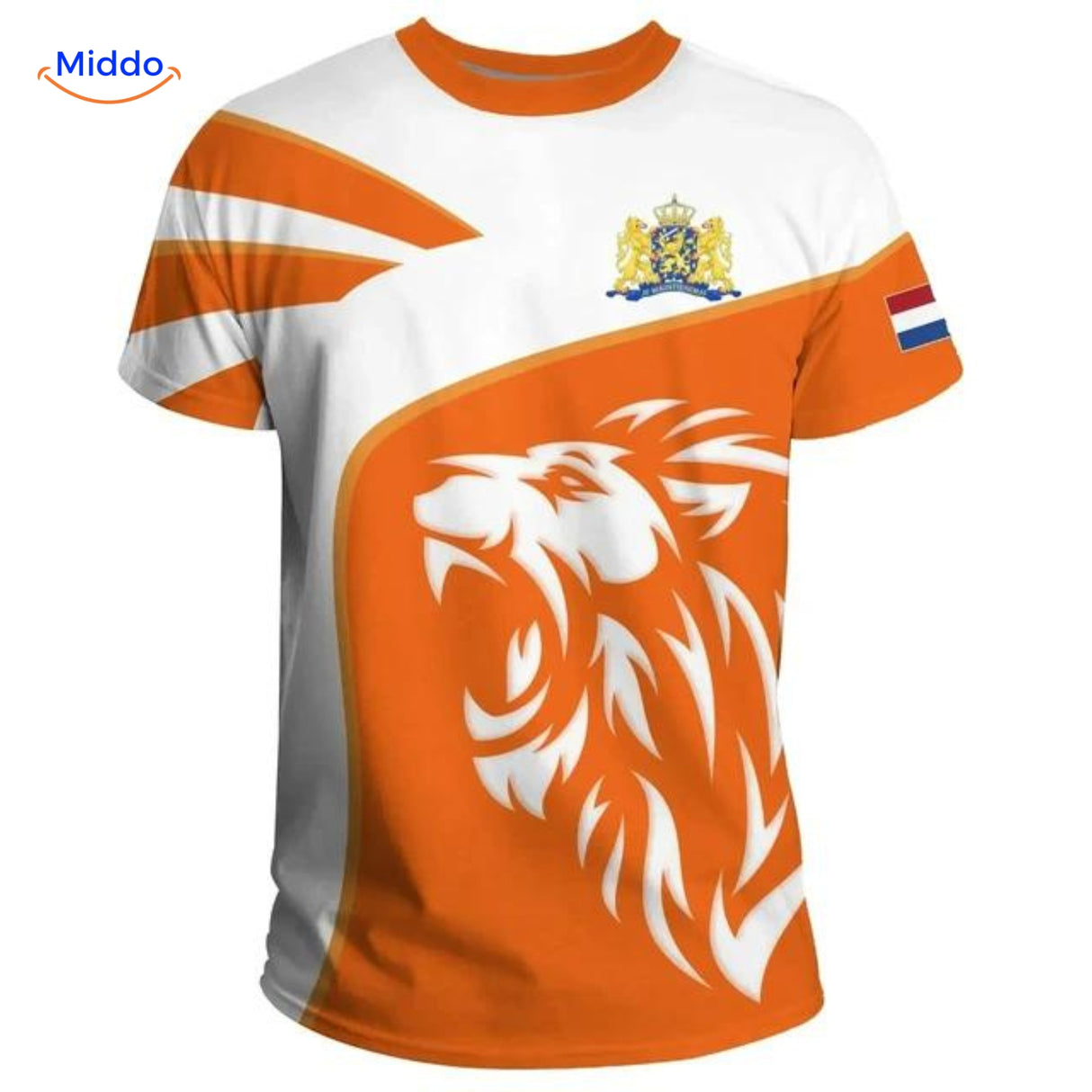 Oranje T-shirt met stijlvolle golf en leeuw design, vier EK 2024 met stijl.