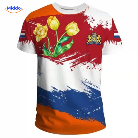 Sportief oranje T-shirt met dynamische golven, ideaal voor Nederland supporters.