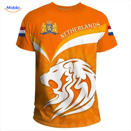 Oranje supporter T-shirt met abstracte leeuw, vier Nederland op het EK 2024.