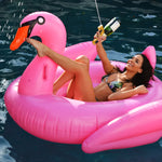 Vrouw drijvend op een roze zwaan met in haar hand een goudkleurige drankpistool