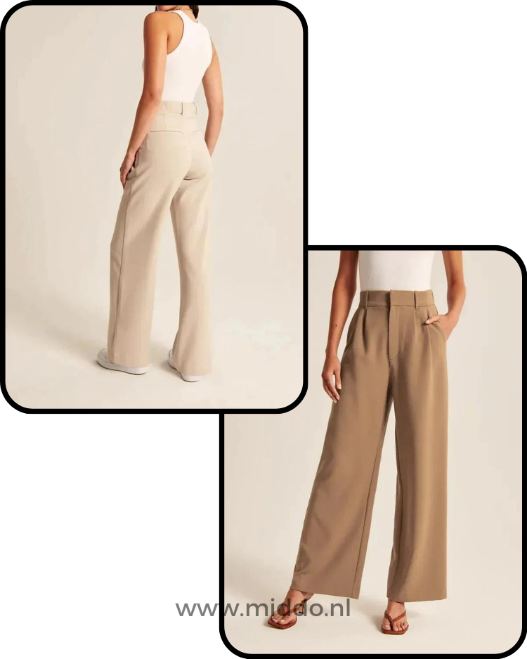 Een foto van de beige achterkant van de wijde pantalon, en een foto van de voorkant van de bruine wijde pantalon.