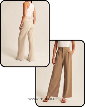 Een foto van de beige achterkant van de wijde pantalon, en een foto van de voorkant van de bruine wijde pantalon.
