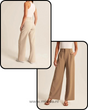 Een foto van de beige achterkant van de wijde pantalon, en een foto van de voorkant van de bruine wijde pantalon.
