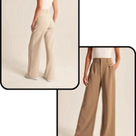 Een foto van de beige achterkant van de wijde pantalon, en een foto van de voorkant van de bruine wijde pantalon.