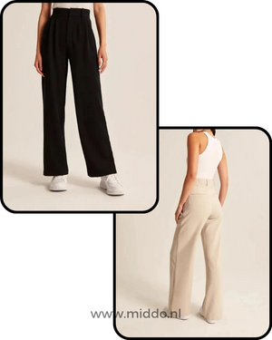 twee foto's van de beige en zwarte wijde pantalon gedragen door 2 dames.