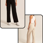 twee foto's van de beige en zwarte wijde pantalon gedragen door 2 dames.