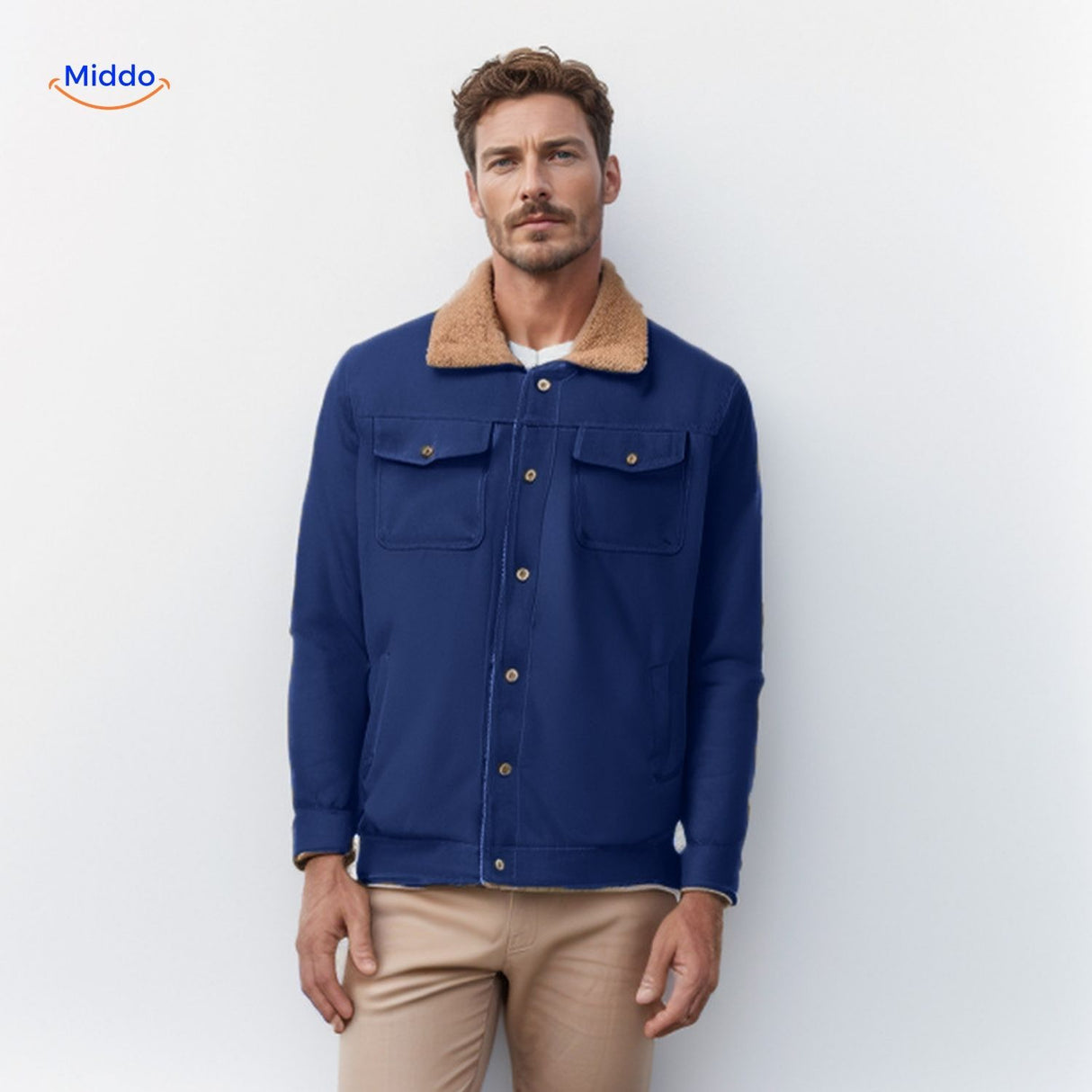 WinterFlex Herenjas donkerblauw met bruine kraag www.middo.nl