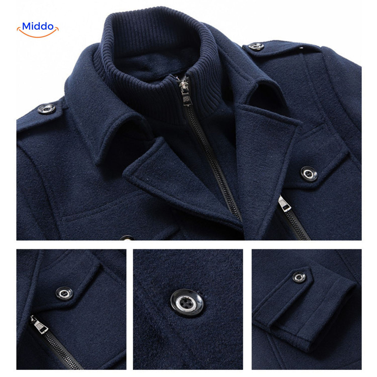 WoolGuard Dubbele Kraag Details Donkerblauwe Jas