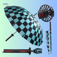 ZenBrella animeparaplu opgevouwen rode en patroongeprint paraplu met blauw wit handvat middo.nl