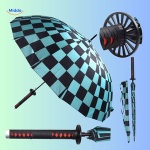 ZenBrella animeparaplu opgevouwen rode en patroongeprint paraplu met blauw wit handvat middo.nl