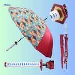 ZenBrella animeparaplu rood met kleurrijke geometrische patroon en zwaardhandvat middo.nl