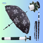 ZenBrella animeparaplu zwart met witte tekens en groene handvat middo.nl