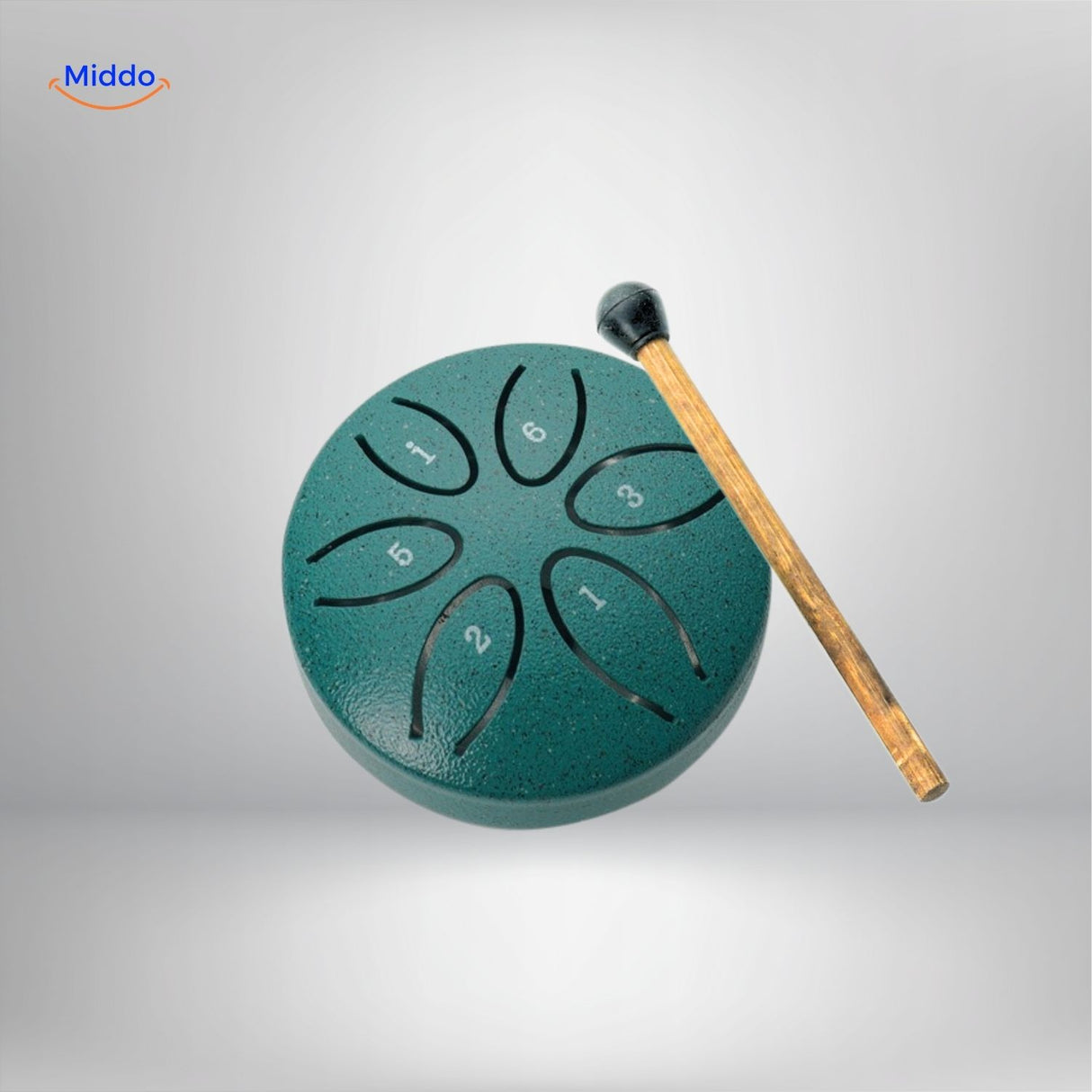 ZenTone green steel drum with tuned numbers and beater www.middo.nl