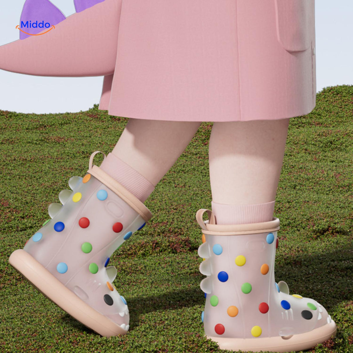 Zureto Shark Regenlaarzen kind met roze regenjas en gekleurde stippen laarzen