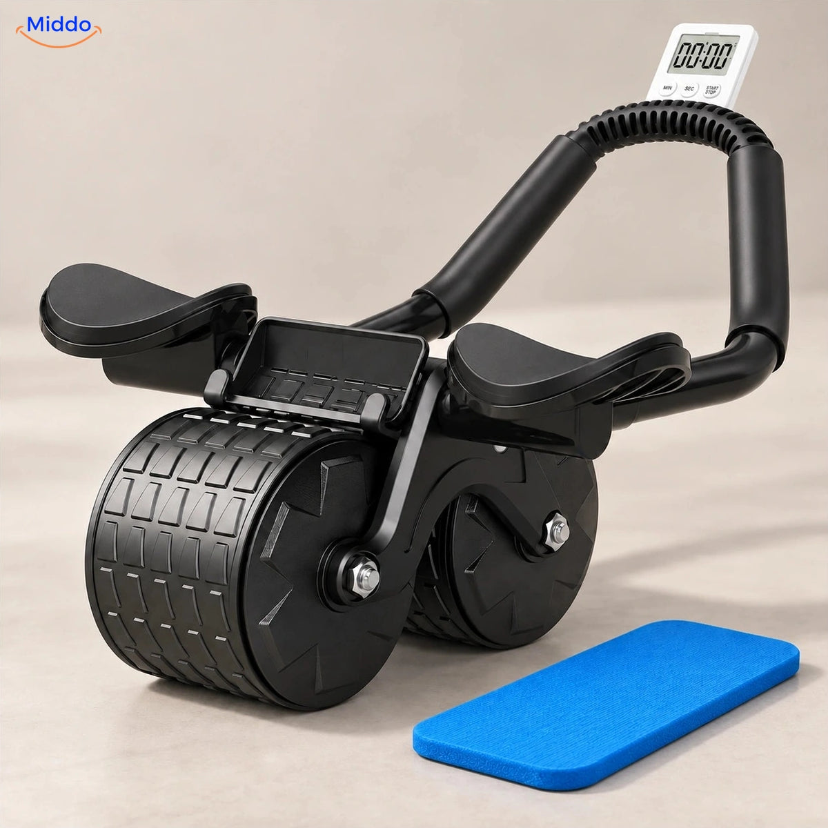 AbWheel Pro™ – Zwart met Timer – kniemat 34 × 15 cm