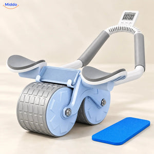 AbWheel Pro™ – Grijs Blauw met Timer – kniemat 34 × 15 cm