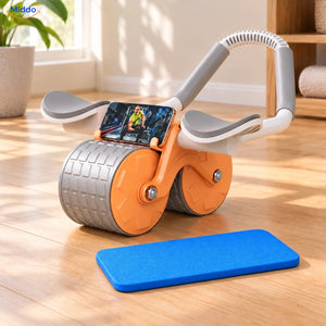 Oranje AbWheel Pro met gratis blauwe kniemat; telefoon niet inbegrepen – kniemat 34 × 15 cm