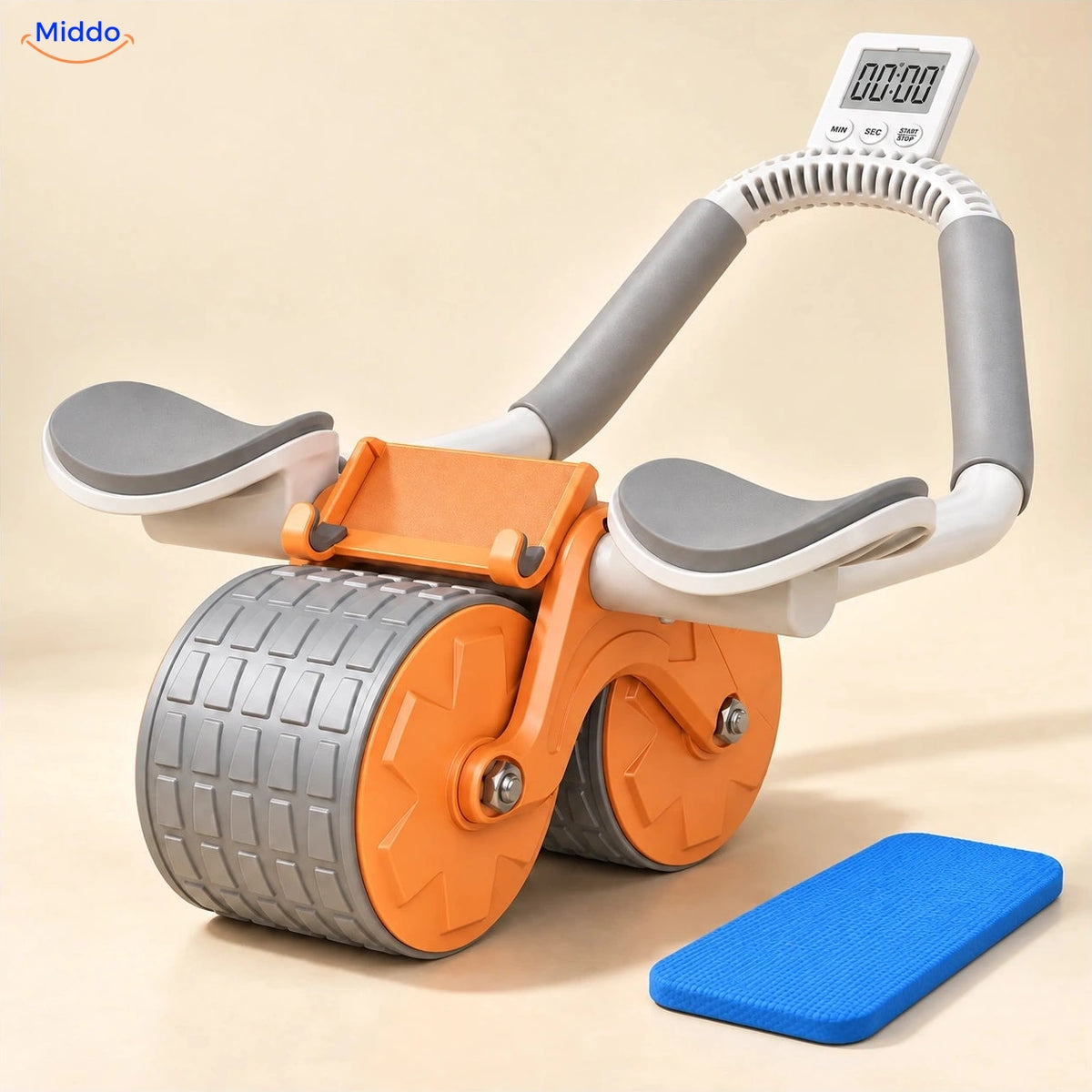 AbWheel Pro™ – Oranje met Timer – kniemat 34 × 15 cm