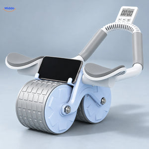 Blauwe AbWheel Pro met witte digitale timer op de beugel