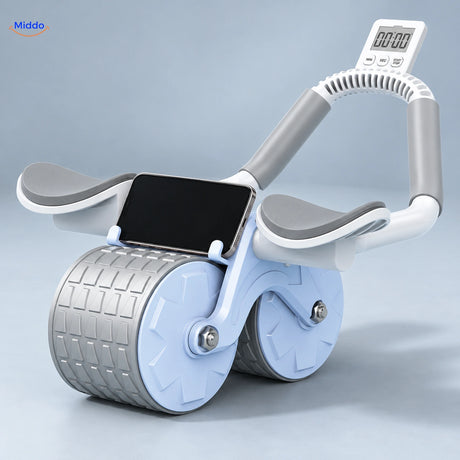 Blauwe AbWheel Pro met witte digitale timer op de beugel
